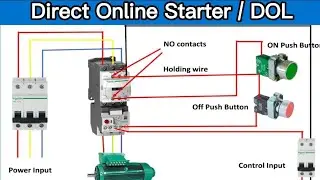Direct online starter power and control circuit, DOL motor starting circuit