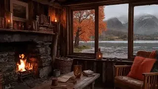 Autumn Rain & Fireplace In A Cozy Cabin By The Lake 🌧️🍁 Sleep & Relax Ambience