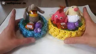 Osterkörbchen mit Figuren aus Überraschungseiern häkeln Wollspinner - Osterkorb DIY