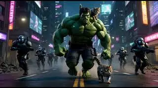 A powerful green superhero inspired by Hulk fights against dangerous robots to protect a small cat 😺