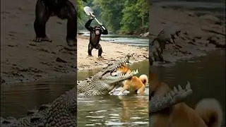 Chimpanzee saves the poor dog from a crocodile！ #rescue #wildlife #wildanimals #forest #dangerous