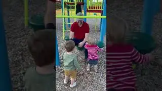 Toddler twins hang from the monkey bar at the park