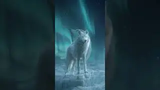 White Wolf Listening Under Aurora