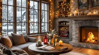 Cozy Snowy Winter Coffee Shop Ambience ❄️ Relaxing Jazz Music & Fireplace Sounds for Study, Reading