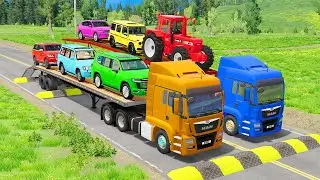 Flatbed Trailer McQueen | Transportation with Truck - Pothole vs Car #50 | BeamNG.Drive Gameplay