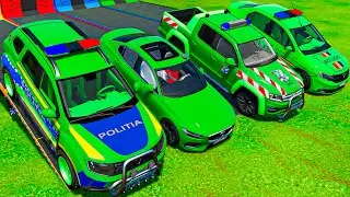 POLICE CAR ! GREEN POLICE CARS TRANSPORTING with TRUCKS ! Farming Simulator 22