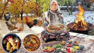 Rural cooking in Iran : Delicious eggplant and tomatoes with fresh homemade bread