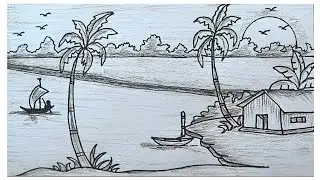 সূর্যোদয়ের দৃশ্য অংকন || Draw Village Sunrise Scenery With Pencil Sketch. #art #landscape #scenery 