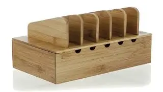 Natural Bamboo Charging Station Rack with Charger Power Strip Storage for Smartphones and Tablets