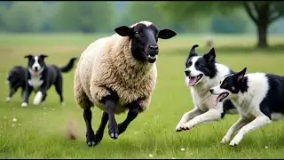 A group of Dog is running behind sheep