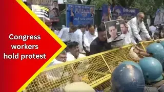 Congress workers hold a protest against Central Government & Central agencies, outside party office