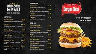 Animated Burger Menu Board (Black Theme) | Editable Canva Template for TV Screens