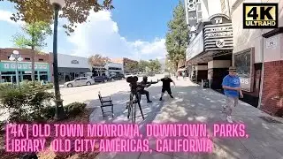[4K] Old Town Monrovia Walk Tour Historic Streets of Downtown America Library Park Binaural Sounds