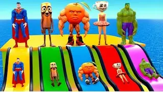 Playing as Spiderman in Long Slide Game with Cow Elephant Gorilla Hippo Tiger Epic Animal Race
