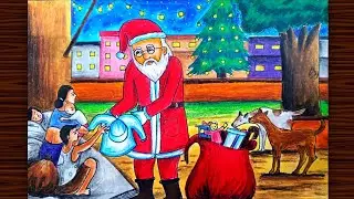 Merry Christmas drawing easy/ Santa Claus drawing easy step by step/Christmas Day scenery drawing 