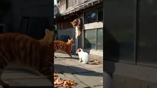 The orange cat family together, joking with each other.