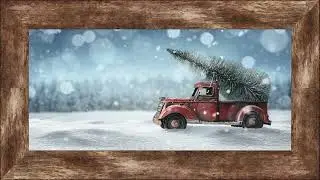 Vintage Christmas Charm: Red Truck Hauling Tree Framed TV Art for Festive Home Decor!