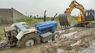JCB 140 Excavator Rescue Ford 3600 Compressor Tractor Stuck in Mud | jcb video