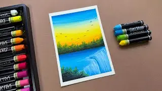 Easy Waterfall Sunset Drawing with Oil Pastels | Step-by-Step Scenery Art Tutorial