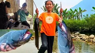 poor girl catching catfish