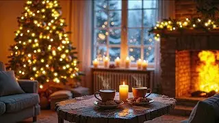 Peaceful Christmas Cabin Ambience ☕Smooth Jazz, Candles & Cookies, Warm Fireplace & Snowy Night View