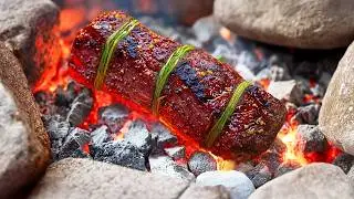 Juicy Steak and Burrata Sandwich Cooked on Open Fire