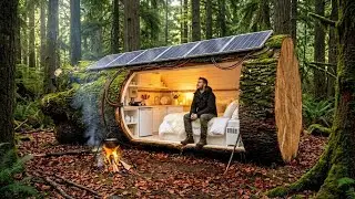 Building a House in the Forest (ASMR) &mdash; Man Builds a Hidden Mini House Inside a Tree Trunk