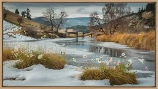 Late Winter Serenity: A Tranquil Landscape with Blossoms and Rustic Charm - Vintage TV Screensaver