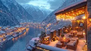 Enchanting Snowy Nights with Warm Jazz | Cozy Coffee Terrace, Fireplace Glow & Peaceful Winter Vibes