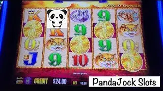 Buffalo Gold 4 coin bonus trigger, then first spin 3 coin retrigger!