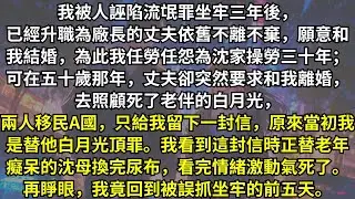 我被誣陷坐牢三年後，已經升職為廠長的丈夫依舊願意和我結婚，為此我任勞任怨為他操勞30年；可50歲那年他突然和白月光移民國外，我才知道其實當年我是替他白月光頂的罪。再睜眼，我回到被誤抓坐牢的前五天。