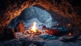 Hidden Winter Cave Shelter | Falling Snow Outside and Warm Fire Inside for Deep, Calm Sleep