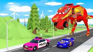 Dinosaur McQueen Chasing Police Car & McQueen &ndash; Epic Chase Battle! Who Will Win???