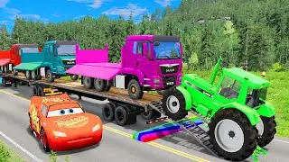 Flatbed Trailer McQueen Transportation with Truck - Speedbumps vs Cars vs Train #24 - BeamNG.Drive