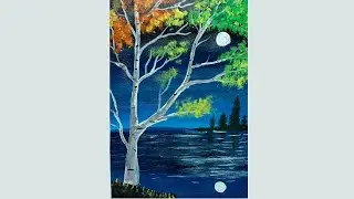 Moonlight Night Landscape Painting with Acrylic || Acrylic panting technique