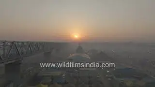 Prayagraj Maha Kumbh aerial landscape of Camps, Ghats, and Pilgrim Routes