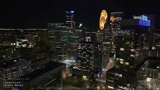 Downtown Minneapolis Minnesota night time skyline aerial views