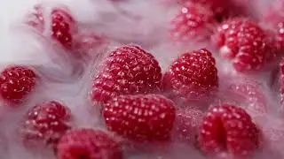 Amazing Footage of Raspberry with Cold Steam Smoke, Tasty Sweet Fruit, Berry, Healthy Food, Organic