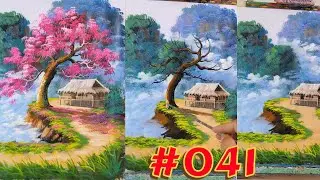 041 - How to Paint a Cherry Blossom Tree and Stilt House on a Mountain Under Sunlight 