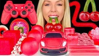 АСМР КРАСНЫЕ ДЕСЕРТЫ. KYOHO ГИГАНТСКОЕ ВИШНЕВОЕ ЖЕЛЕ. Плейстейшен торт. Брызги. МУКБАНГ. 먹방