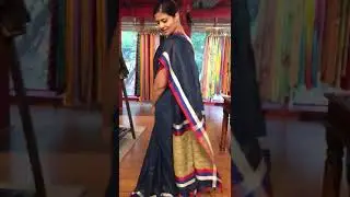Navyblue Pure Linen Saree highlighted with Multicolored Border  | Mirra Clothing
