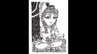 Lord Krishna holding flute sitting under a tree drawing | Little baby Krishna pencil sketching