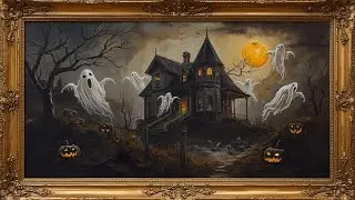 Spooky Haunted House Halloween TV Wall Art - Ghosts & Jack-o'-Lantern Pumpkin 4K Vintage Gold Frame