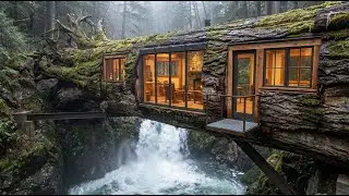 Building a Hidden Room Inside a Tree Trunk Above a Waterfall (ASMR)