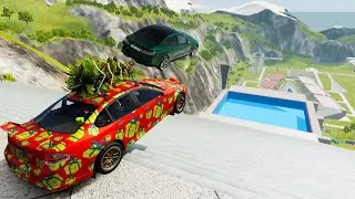 Stairs Jumps Down In Empty Big Pool (Crash Test) - BeamNG.drive Long Down Stairs Jumps In Pool