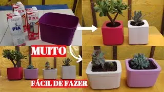 VASO DE CIMENTO FEITO COM CAIXA DE LEITE E POTE DE SORVETE, MATERIAL RECICLÁVEL