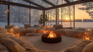 Peaceful Winter Cabin at Sunset ❄️ Soft Piano & Fireplace for Work & Relaxation