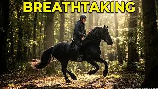Breathtaking beauty of Contessa, a magnificent Friesian horse, as she gallops through the wood