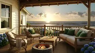 Sunset Beach Terrace 🌊 Firepit, Ocean Waves & Birds Sounds &ndash; 4K Ambience for Sleep & Calm