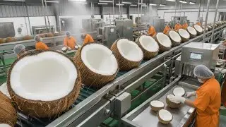 Dentro da fábrica: O processo de transformação dos cocos em leite de coco.